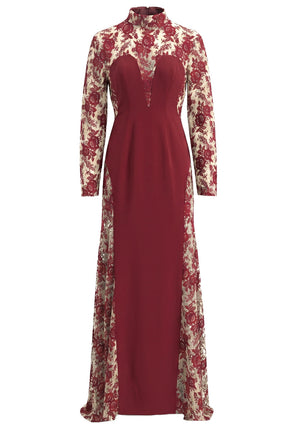 Long Sleeve Floral Lace Maxi Dress Burgundy