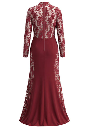 Long Sleeve Floral Lace Maxi Dress Burgundy