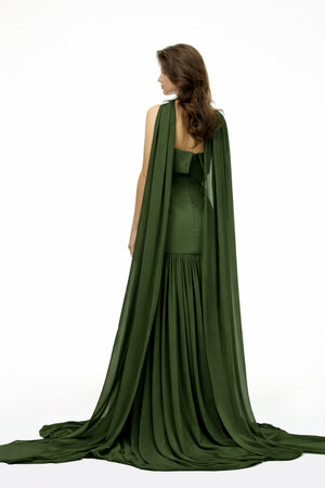 Aurohaya Laetitia Green Pleated Train Ruched Maxi Dress