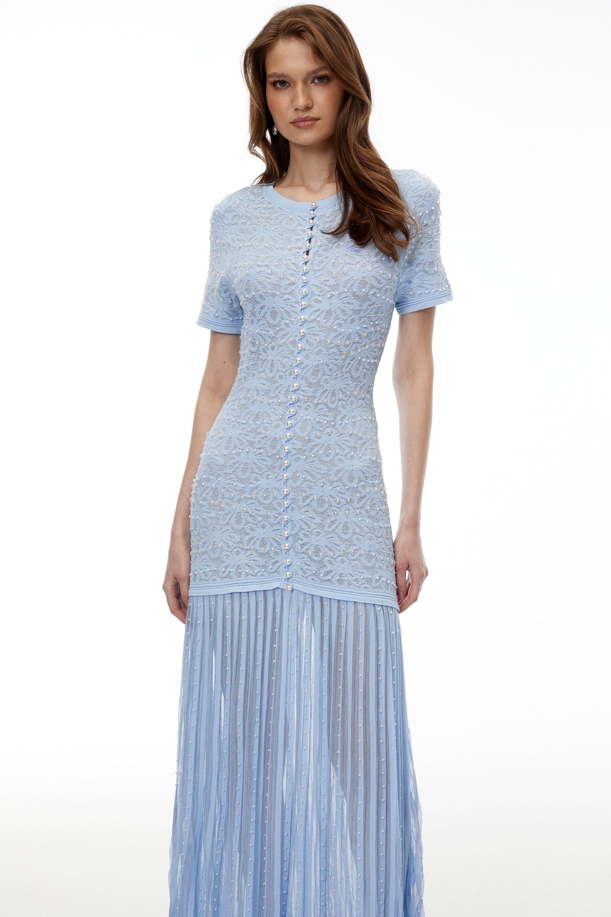 Aurohaya Laleh Blue Embellished Pleated Maxi Dress