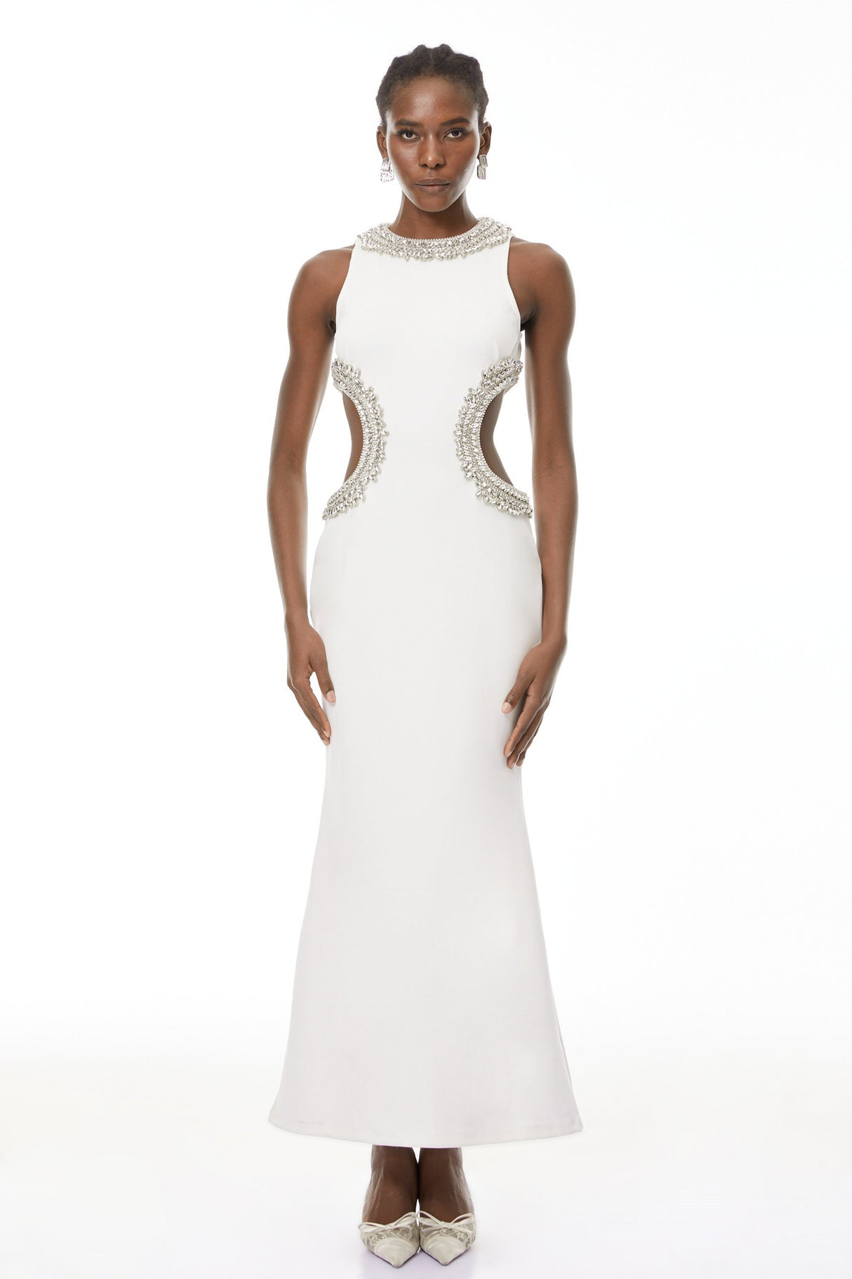 Aurohaya Larisa White Embellished Cut-Out Maxi Gown