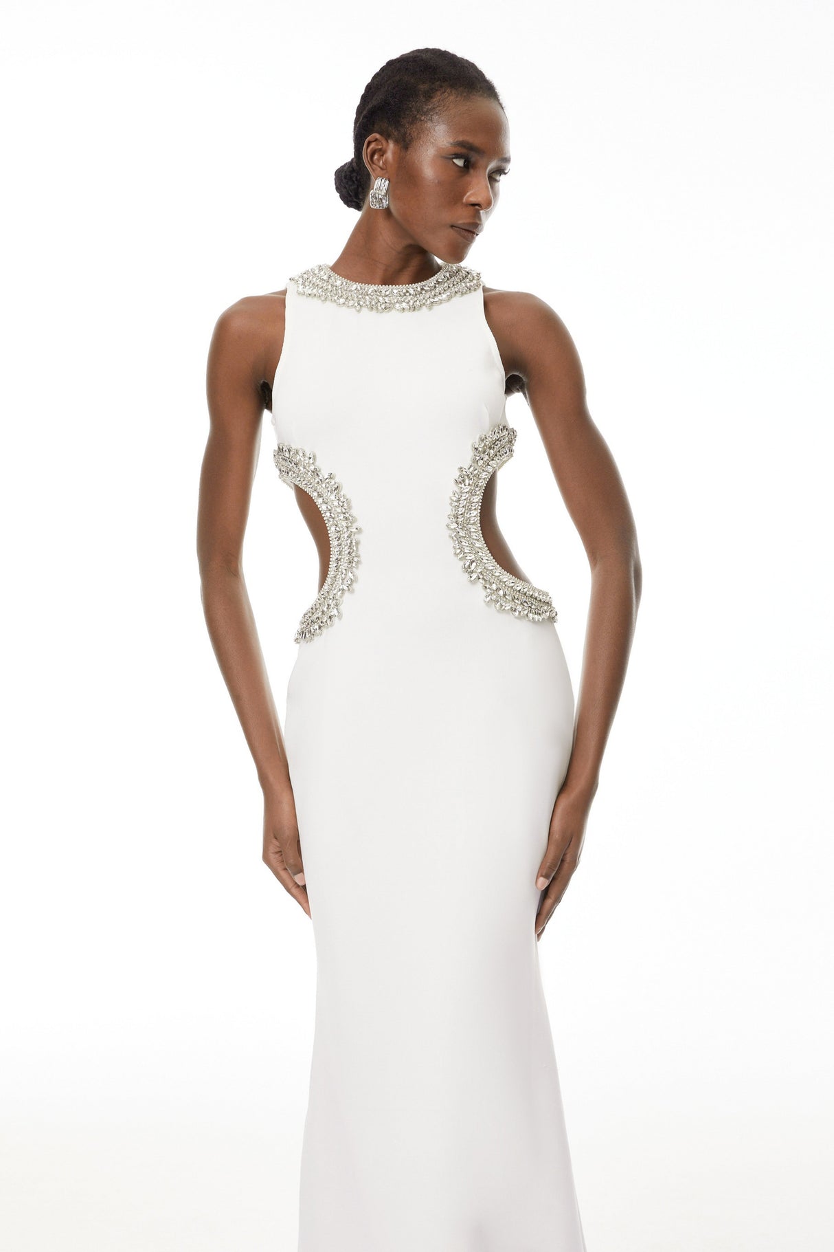 Aurohaya Larisa White Embellished Cut-Out Maxi Gown