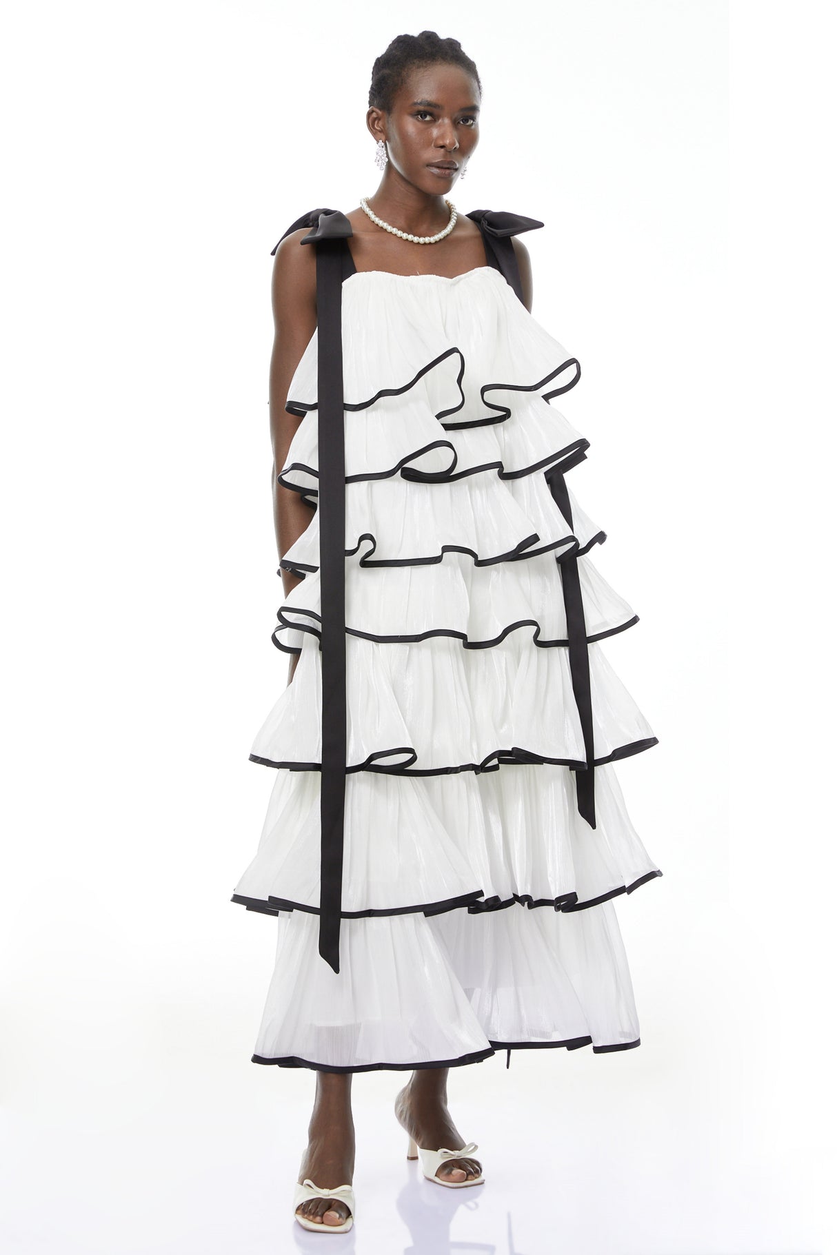 Aurohaya Larissa White Ruffled Maxi Dress with Bows