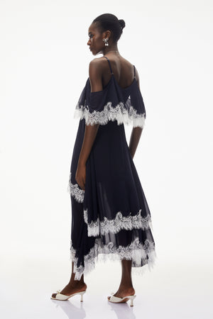 Aurohaya Larysa Navy Tiered Maxi Dress with Lace Trim