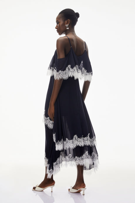Aurohaya Larysa Navy Tiered Maxi Dress with Lace Trim