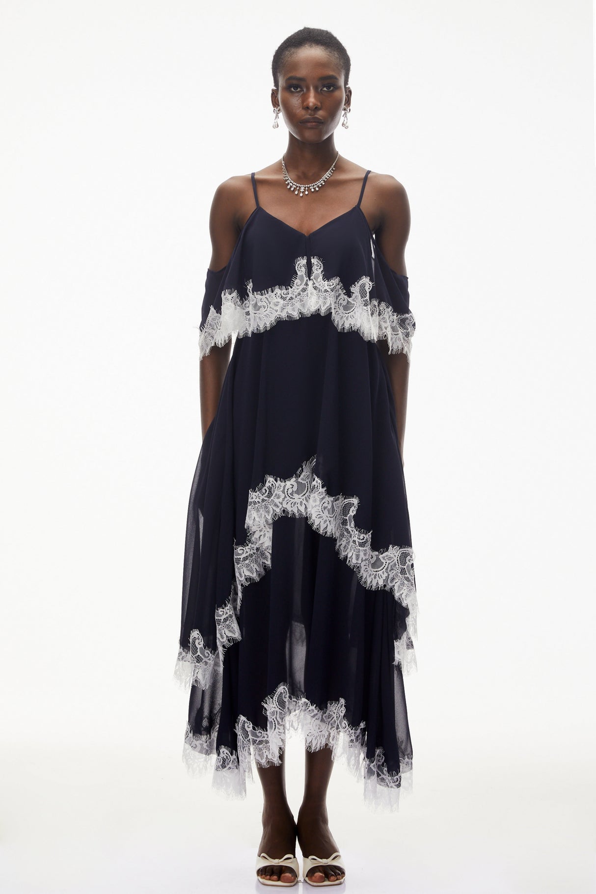 Aurohaya Larysa Navy Tiered Maxi Dress with Lace Trim