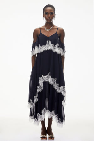 Aurohaya Larysa Navy Tiered Maxi Dress with Lace Trim