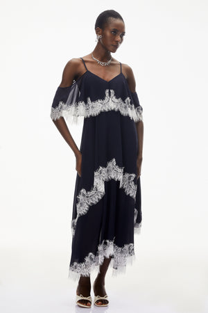 Aurohaya Larysa Navy Tiered Maxi Dress with Lace Trim