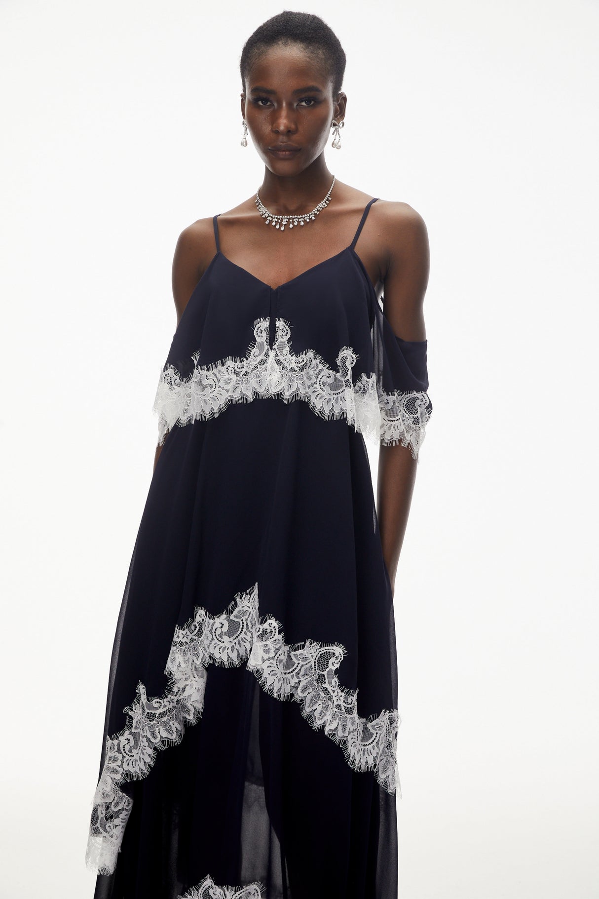 Aurohaya Larysa Navy Tiered Maxi Dress with Lace Trim