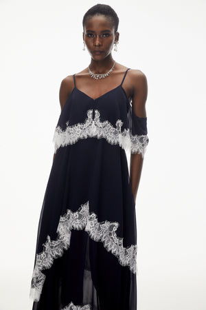Aurohaya Larysa Navy Tiered Maxi Dress with Lace Trim