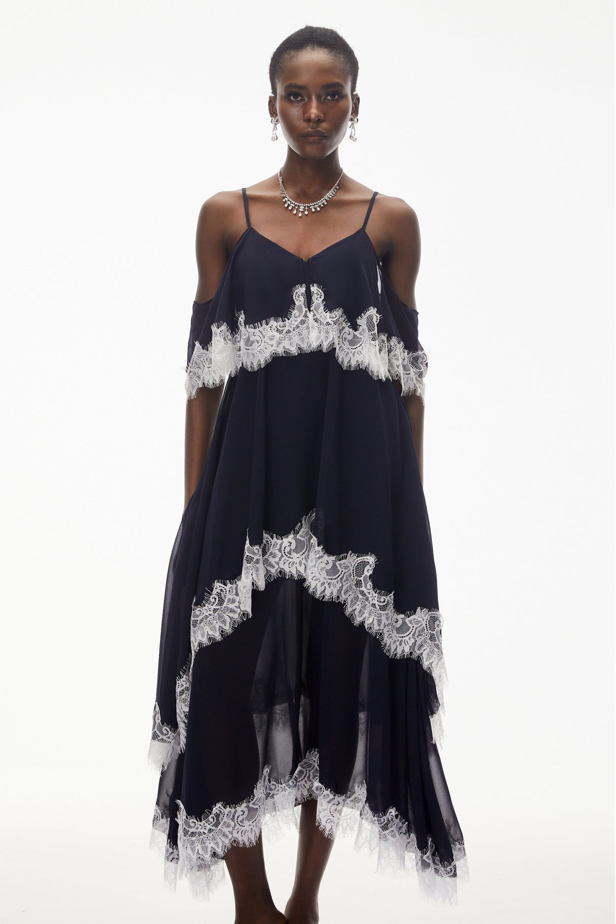 Aurohaya Larysa Navy Tiered Maxi Dress with Lace Trim