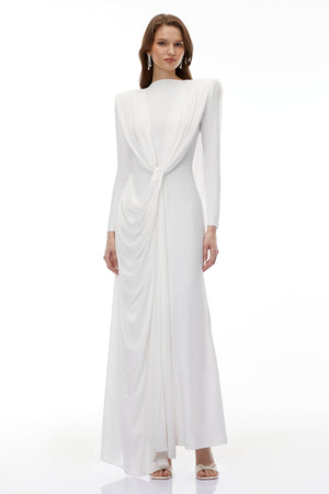 Aurohaya Lavinia White Asymmetrical Cape Maxi Dress