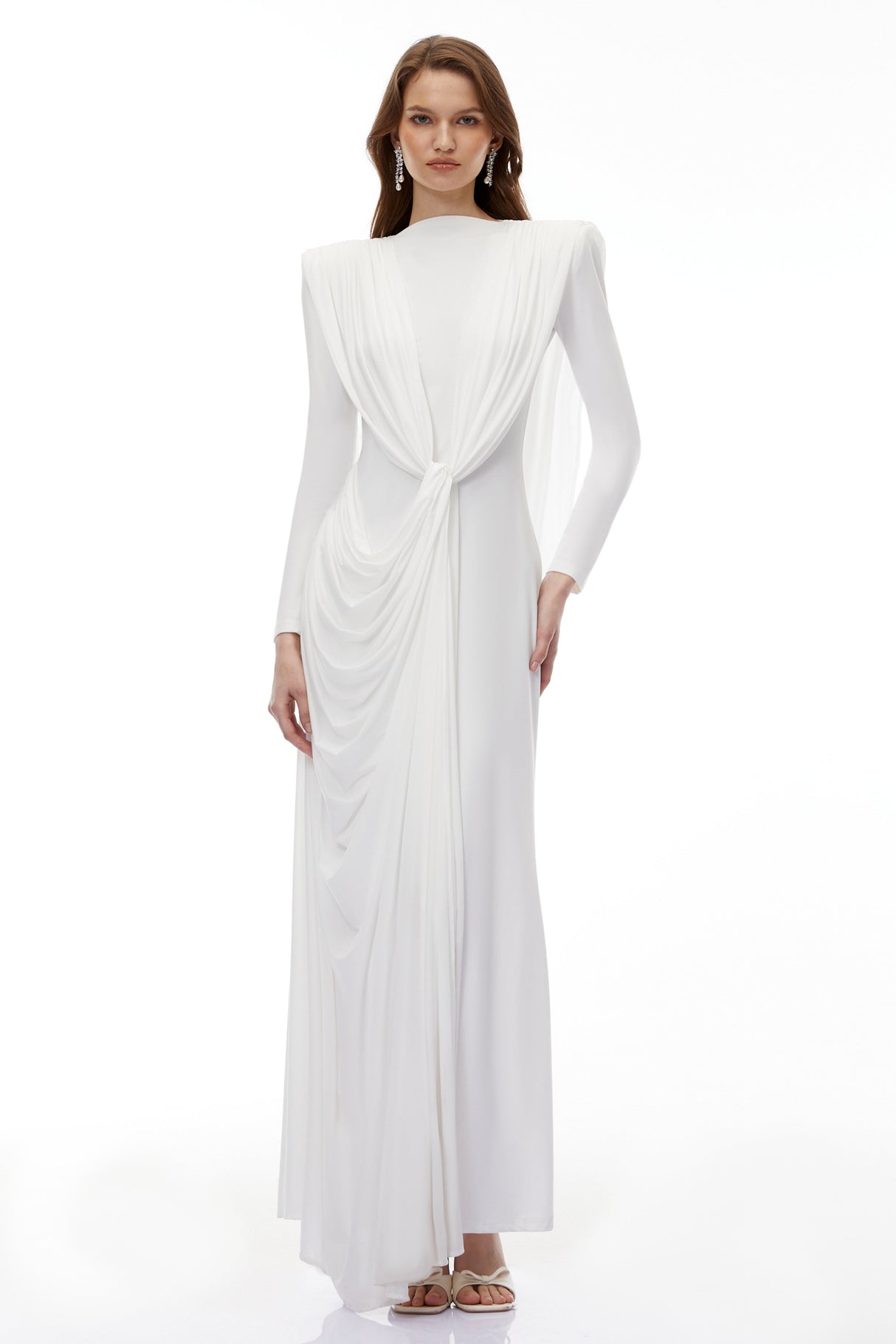Aurohaya Lavinia White Asymmetrical Cape Maxi Dress