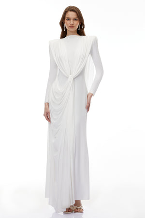Aurohaya Lavinia White Asymmetrical Cape Maxi Dress