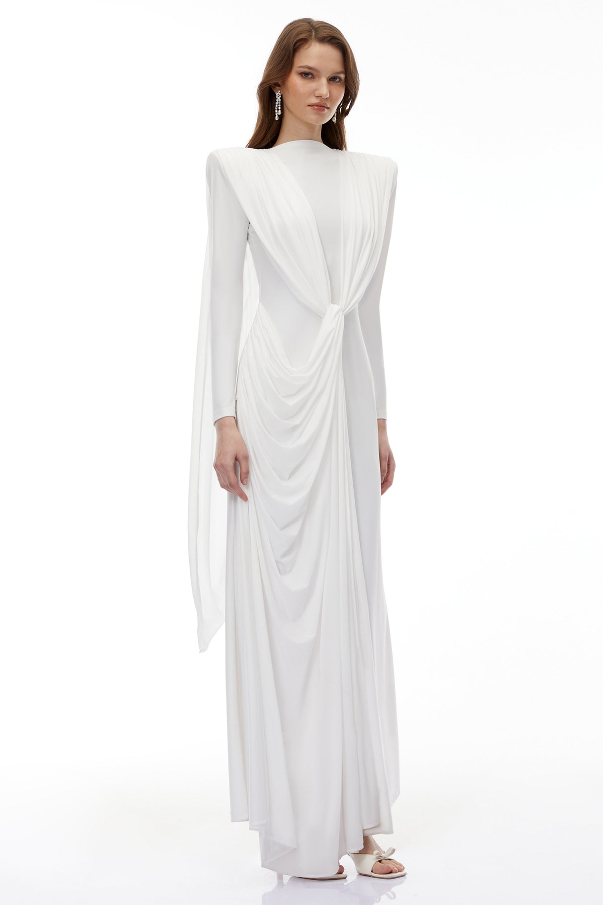Aurohaya Lavinia White Asymmetrical Cape Maxi Dress