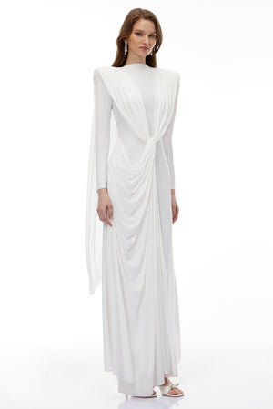 Aurohaya Lavinia White Asymmetrical Cape Maxi Dress