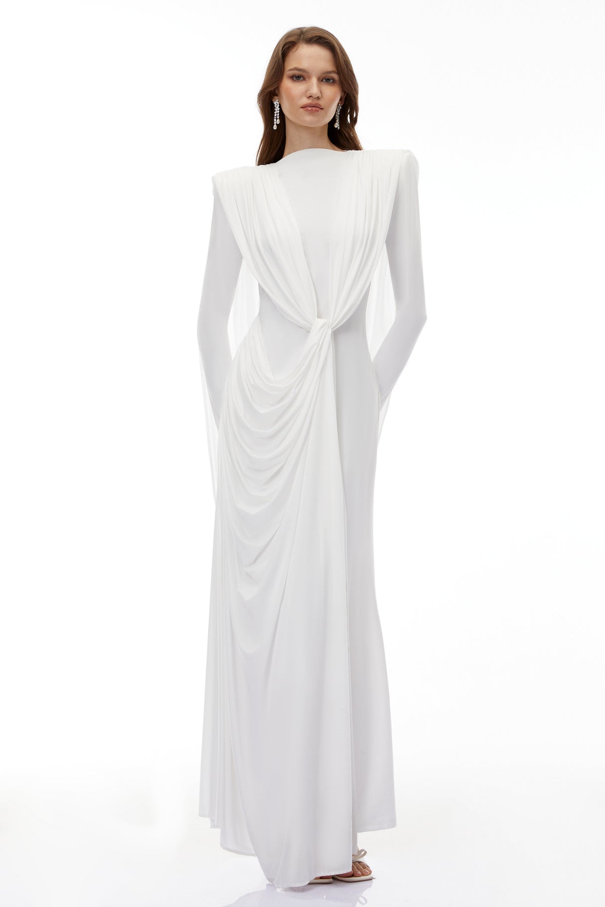 Aurohaya Lavinia White Asymmetrical Cape Maxi Dress