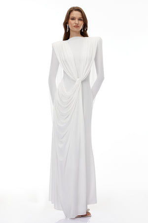 Aurohaya Lavinia White Asymmetrical Cape Maxi Dress