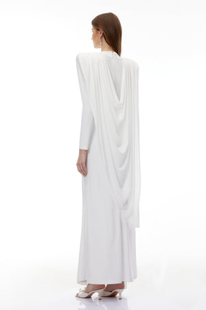 Aurohaya Lavinia White Asymmetrical Cape Maxi Dress