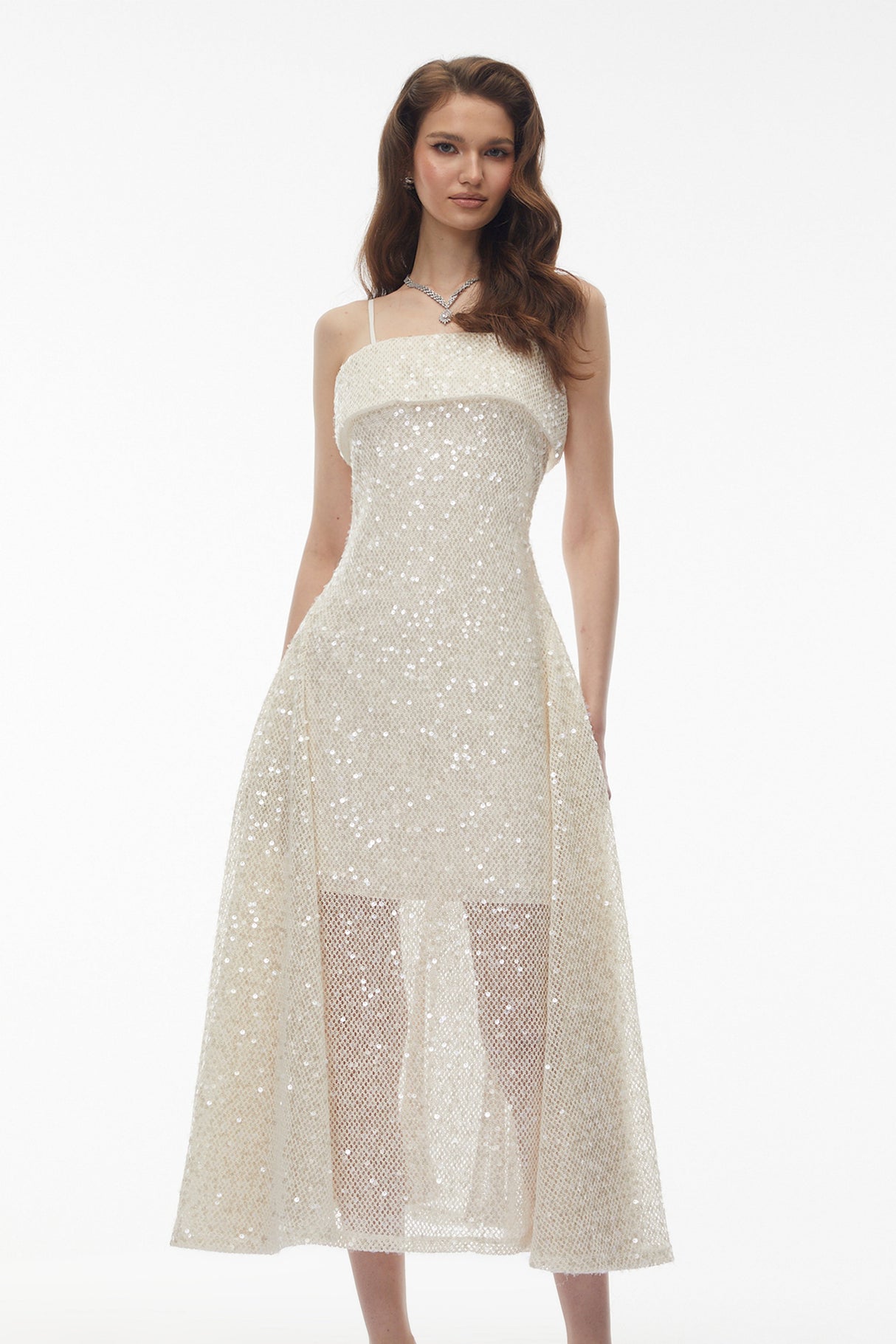 Aurohaya Leah Cream White Weave Design Sequin Midi Dress