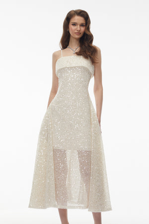 Aurohaya Leah Cream White Weave Design Sequin Midi Dress