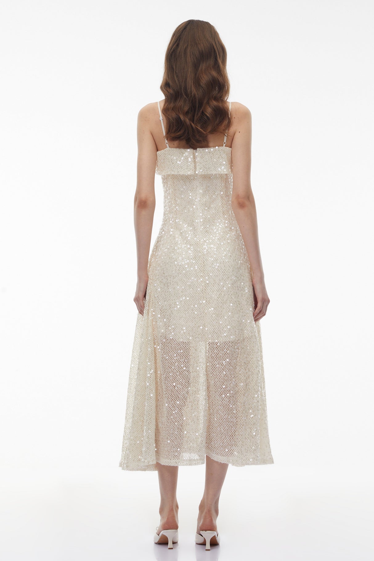 Aurohaya Leah Cream White Weave Design Sequin Midi Dress
