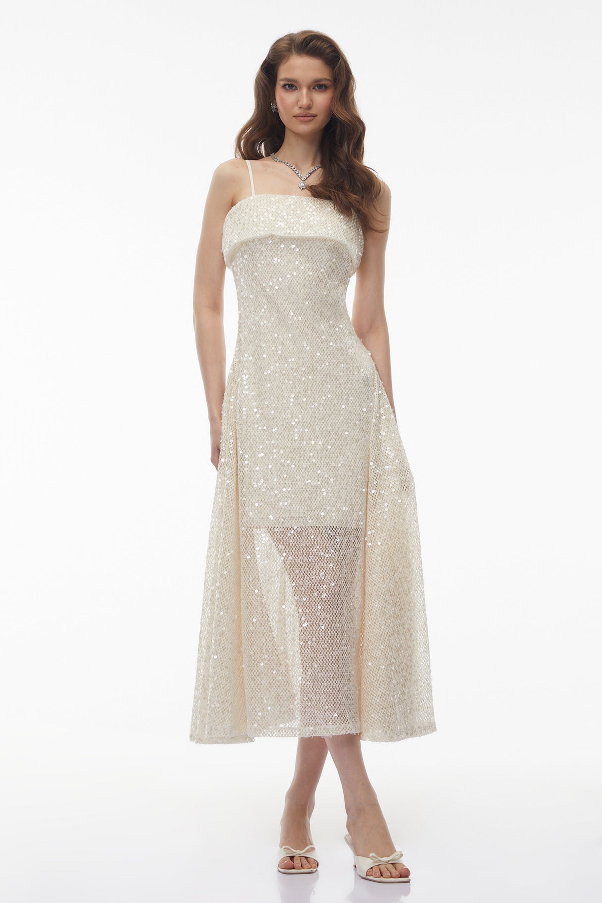 Aurohaya Leah Cream White Weave Design Sequin Midi Dress