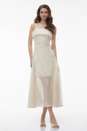 Aurohaya Leah Cream White Weave Design Sequin Midi Dress