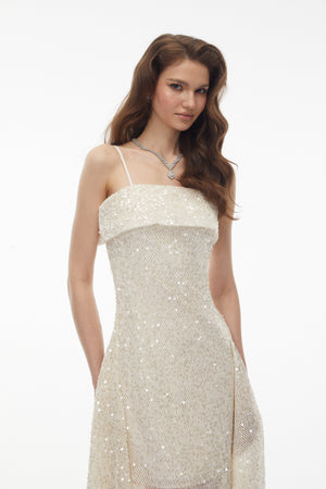 Aurohaya Leah Cream White Weave Design Sequin Midi Dress