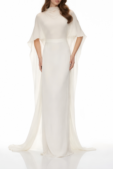 Aurohaya Lebeda White Backless Maxi Dress with Cape