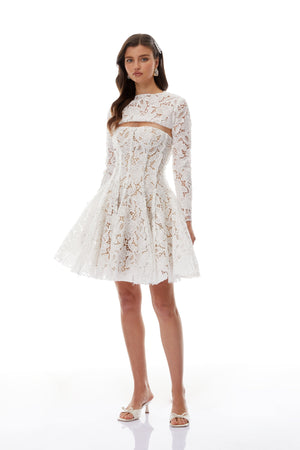 Aurohaya Leif White Lace Overlay Mini Dress with Lace Cape