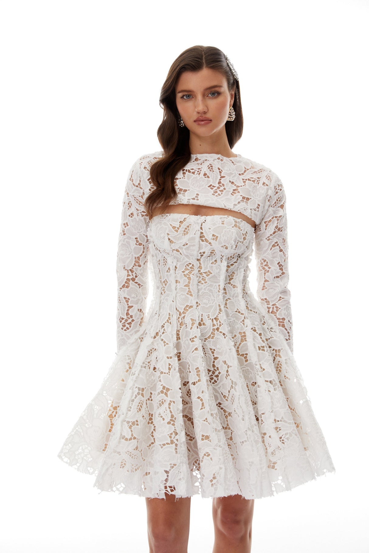 Aurohaya Leif White Lace Overlay Mini Dress with Lace Cape