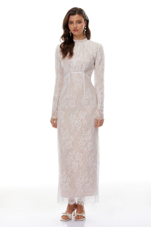 Aurohaya Leif White Mock Neck Lace Overlay Maxi Dress