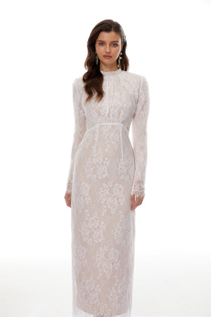 Aurohaya Leif White Mock Neck Lace Overlay Maxi Dress
