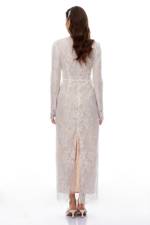 Aurohaya Leif White Mock Neck Lace Overlay Maxi Dress