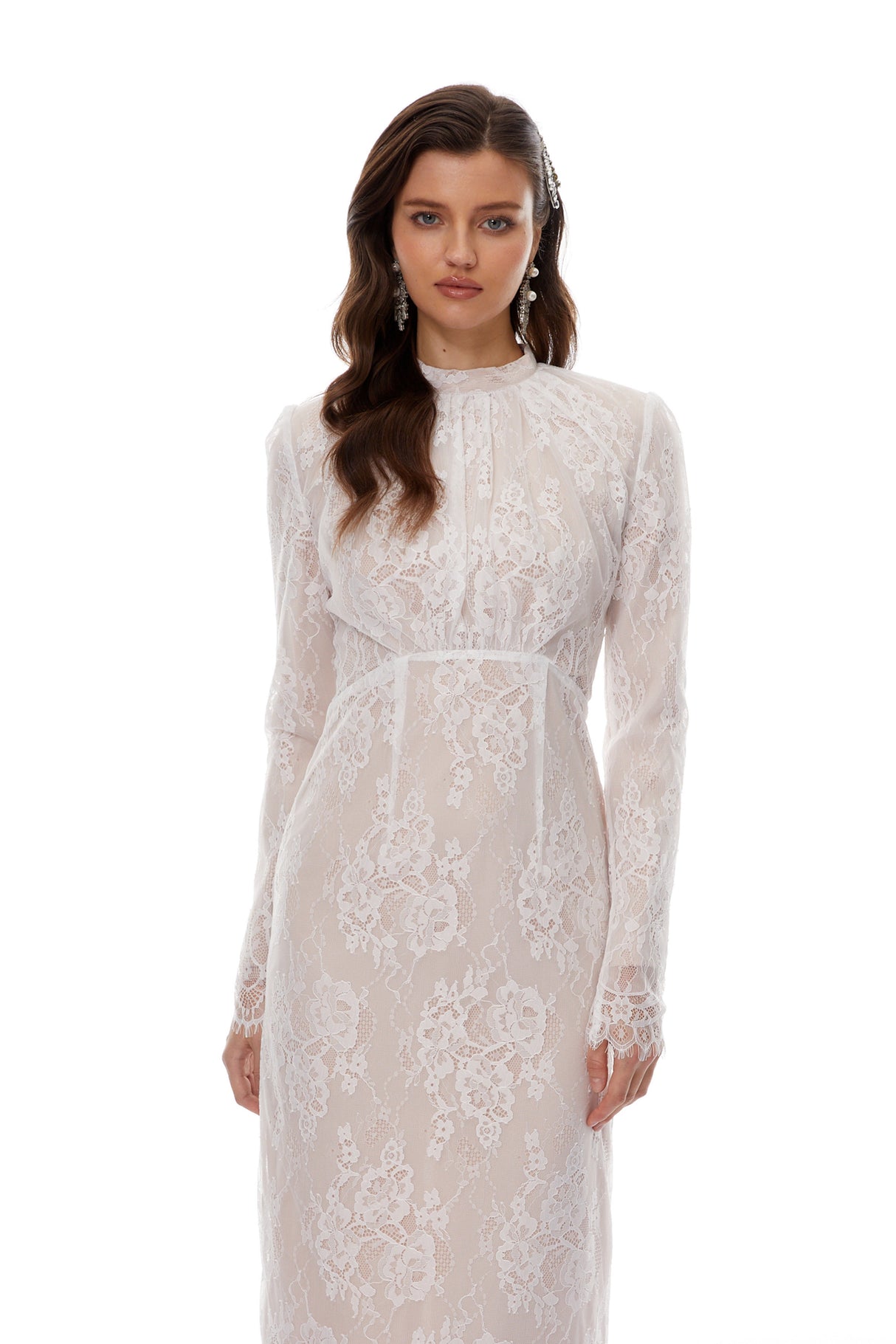 Aurohaya Leif White Mock Neck Lace Overlay Maxi Dress