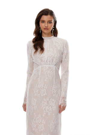 Aurohaya Leif White Mock Neck Lace Overlay Maxi Dress