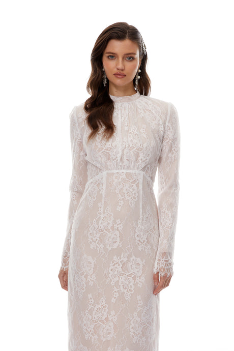 Aurohaya Leif White Mock Neck Lace Overlay Maxi Dress