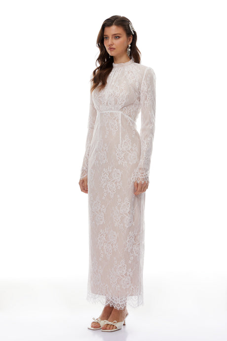 Aurohaya Leif White Mock Neck Lace Overlay Maxi Dress