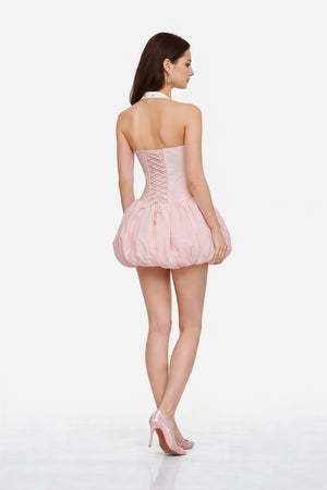 Aurohaya Leire Pink Color Block Halterneck Mini Dress