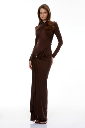 Aurohaya Lena Chocolate Brown Cross Front Maxi Dress