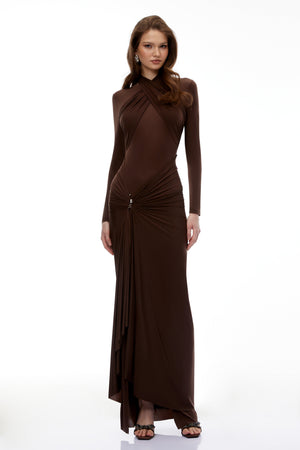 Aurohaya Lena Chocolate Brown Cross Front Maxi Dress