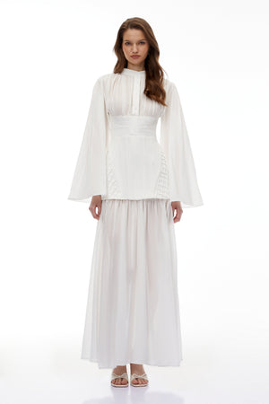 Aurohaya Lene White High Slit Ruched Maxi Dress