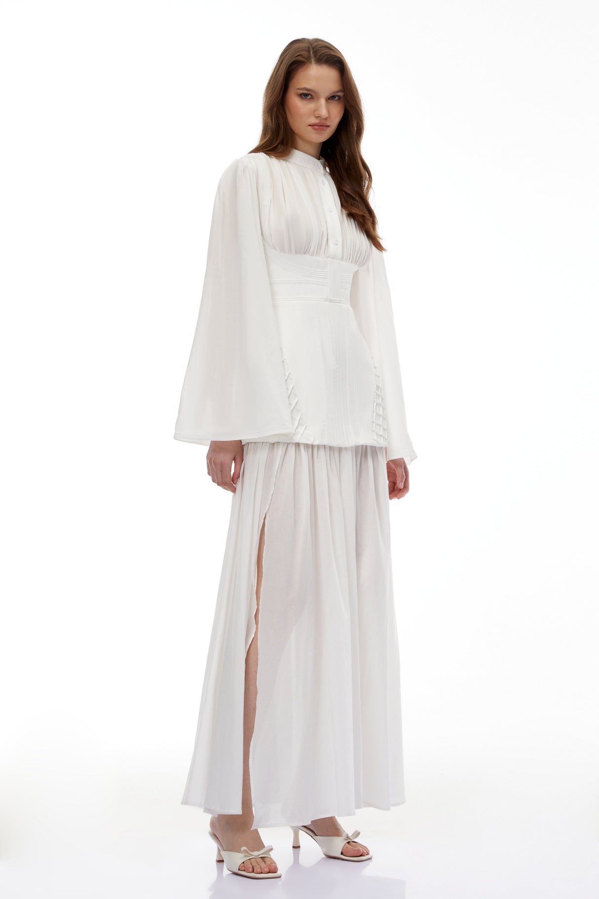 Aurohaya Lene White High Slit Ruched Maxi Dress