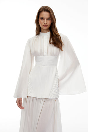 Aurohaya Lene White High Slit Ruched Maxi Dress