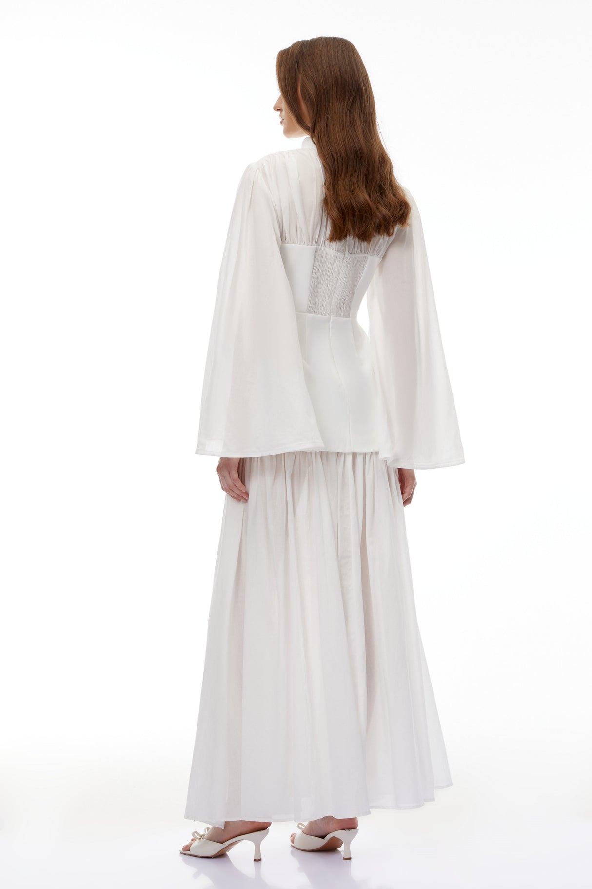 Aurohaya Lene White High Slit Ruched Maxi Dress