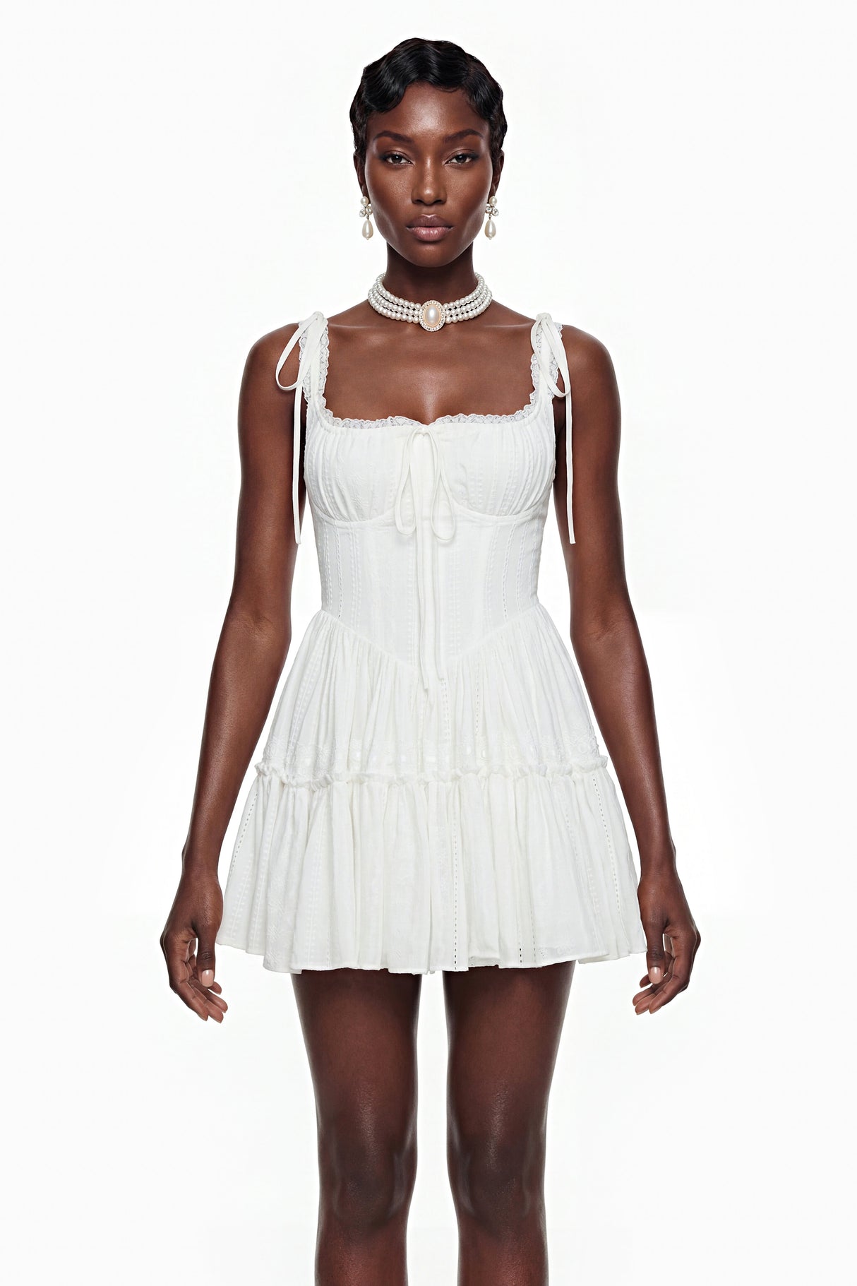 Aurohaya Lente White Ruffled Lace Mini Dress