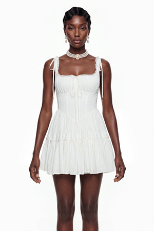 Aurohaya Lente White Ruffled Lace Mini Dress