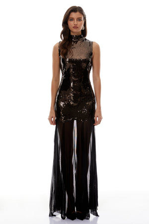Aurohaya Leopoldina Brown Sequin Maxi Dress with Mesh Panels