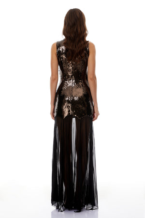 Aurohaya Leopoldina Brown Sequin Maxi Dress with Mesh Panels